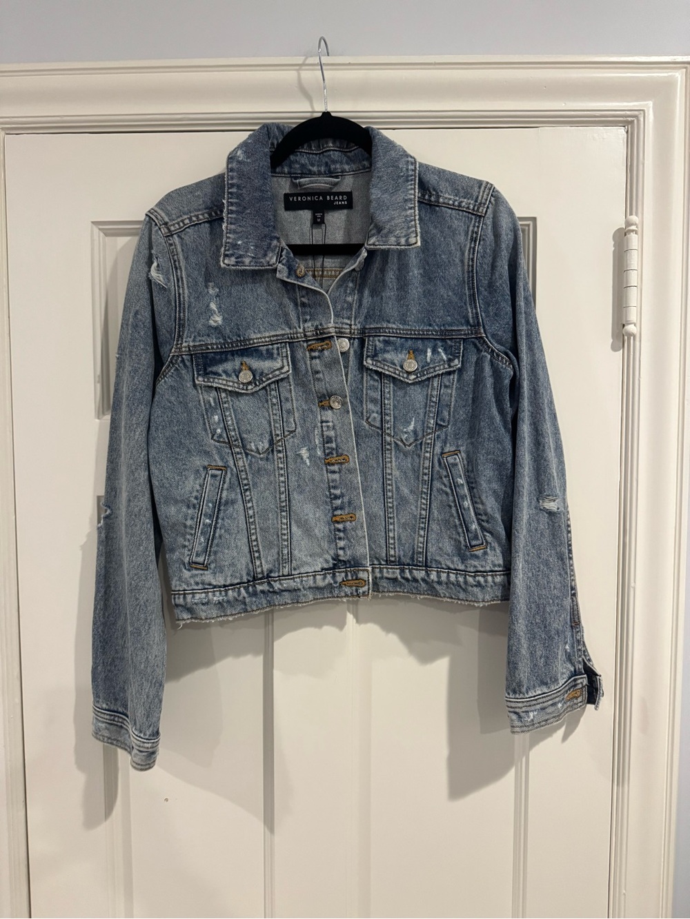Veronica Beard Washed Light Blue Distressed Denim Trucker Jacket